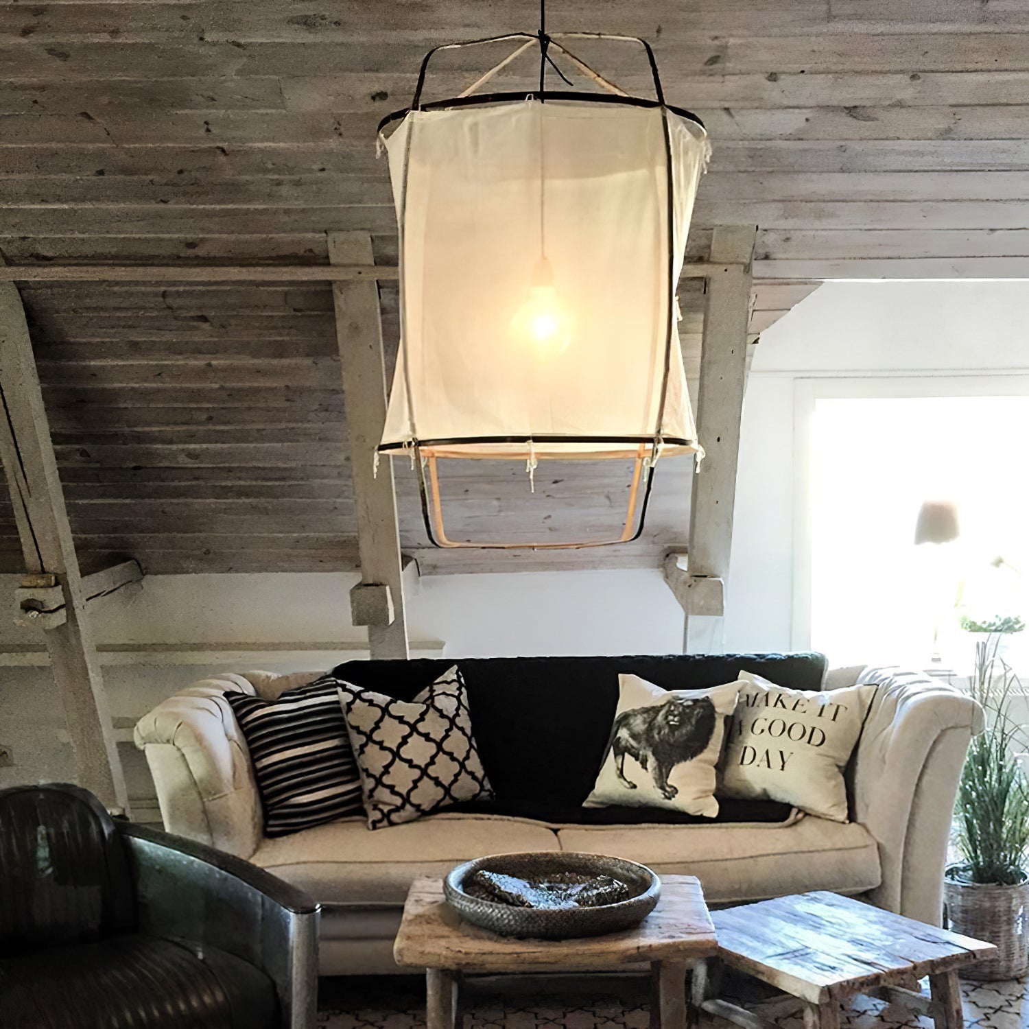 Bamboo and Linen Houselight Pendant Light Natural Organic Hanging Lamp for Living Rooms and Dining Areas