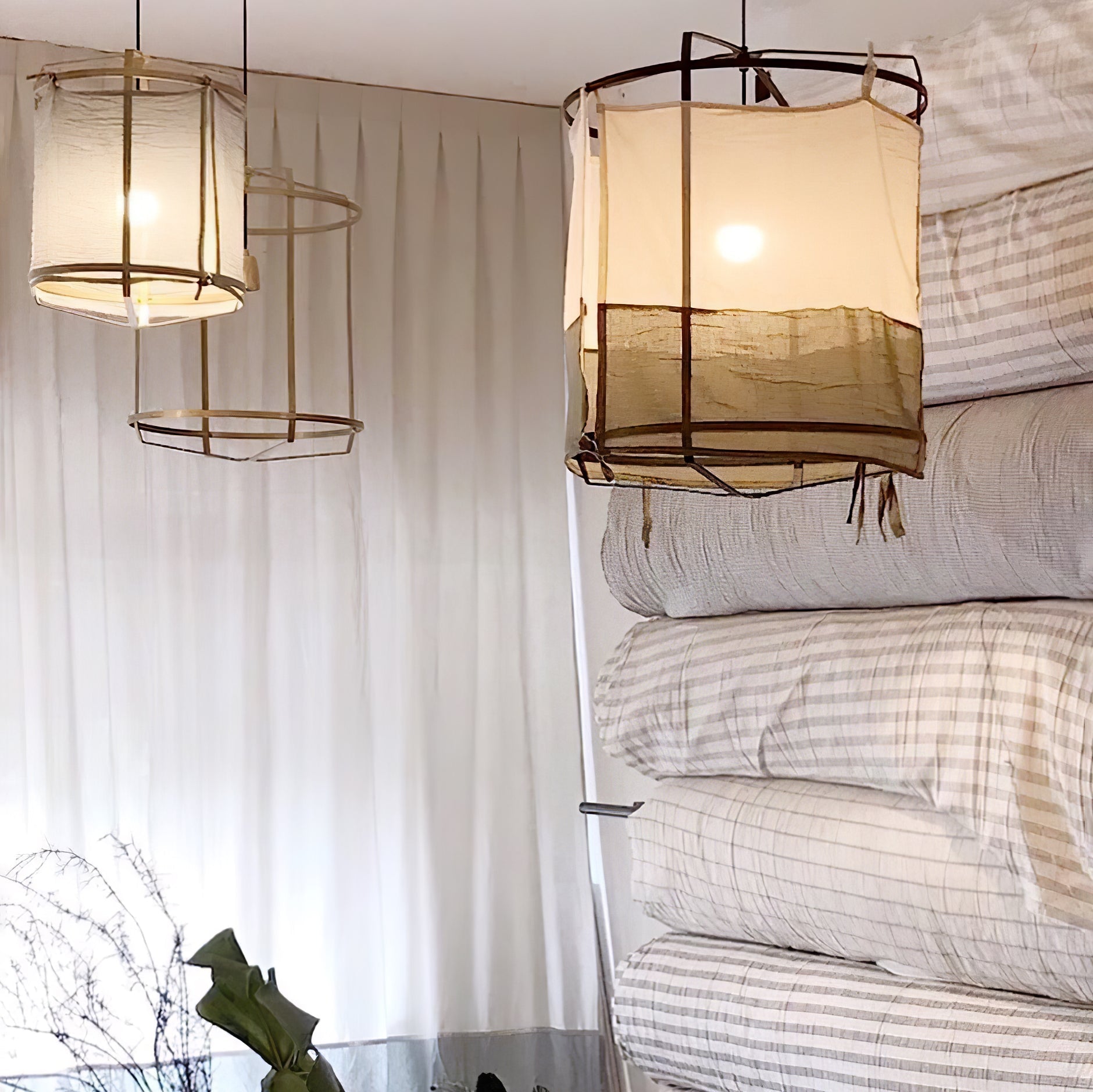 Bamboo and Linen Houselight Pendant Light Natural Organic Hanging Lamp for Living Rooms and Dining Areas