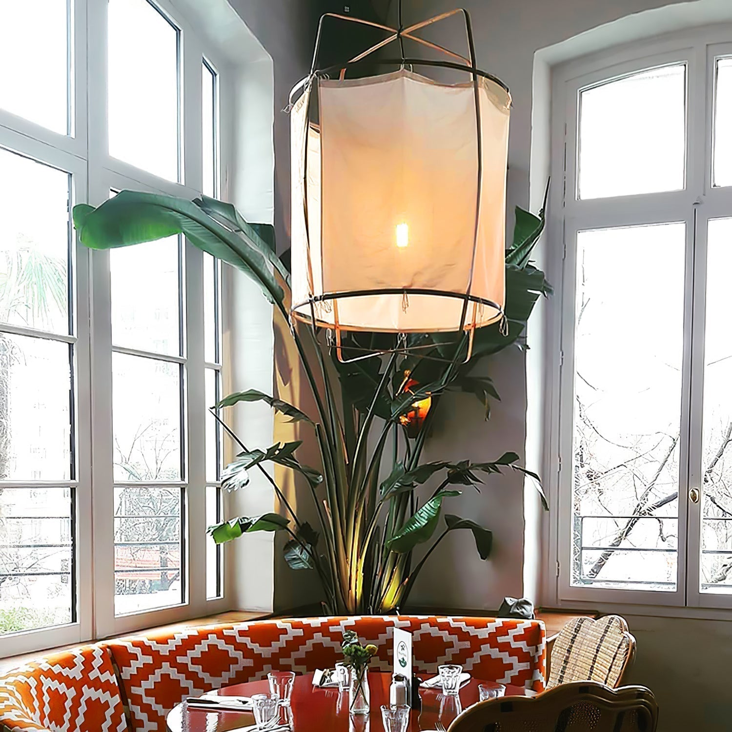 Bamboo and Linen Houselight Pendant Light Natural Organic Hanging Lamp for Living Rooms and Dining Areas
