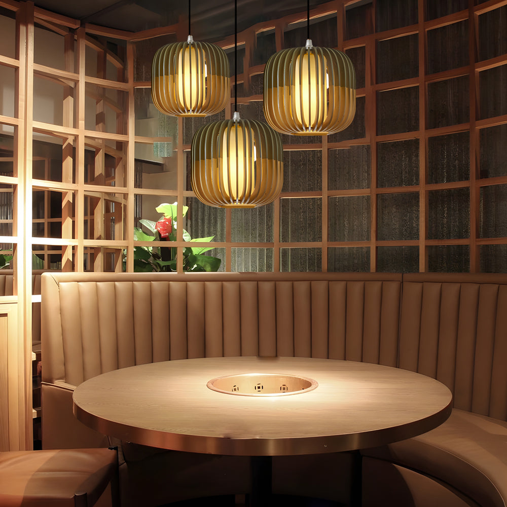 Basswood Japanese Lantern Pendant Light Minimalist Wood Fabric Shade LED Chandelier for Home Decor
