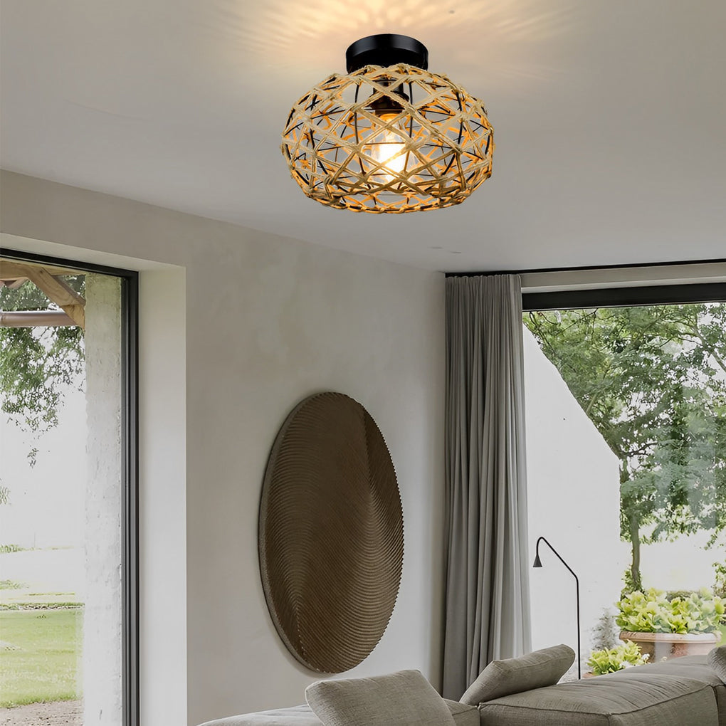 Beige Hand Woven Rope Cage Pendant Light Retro Minimalist Semi Flush Mount Ceiling Fixture
