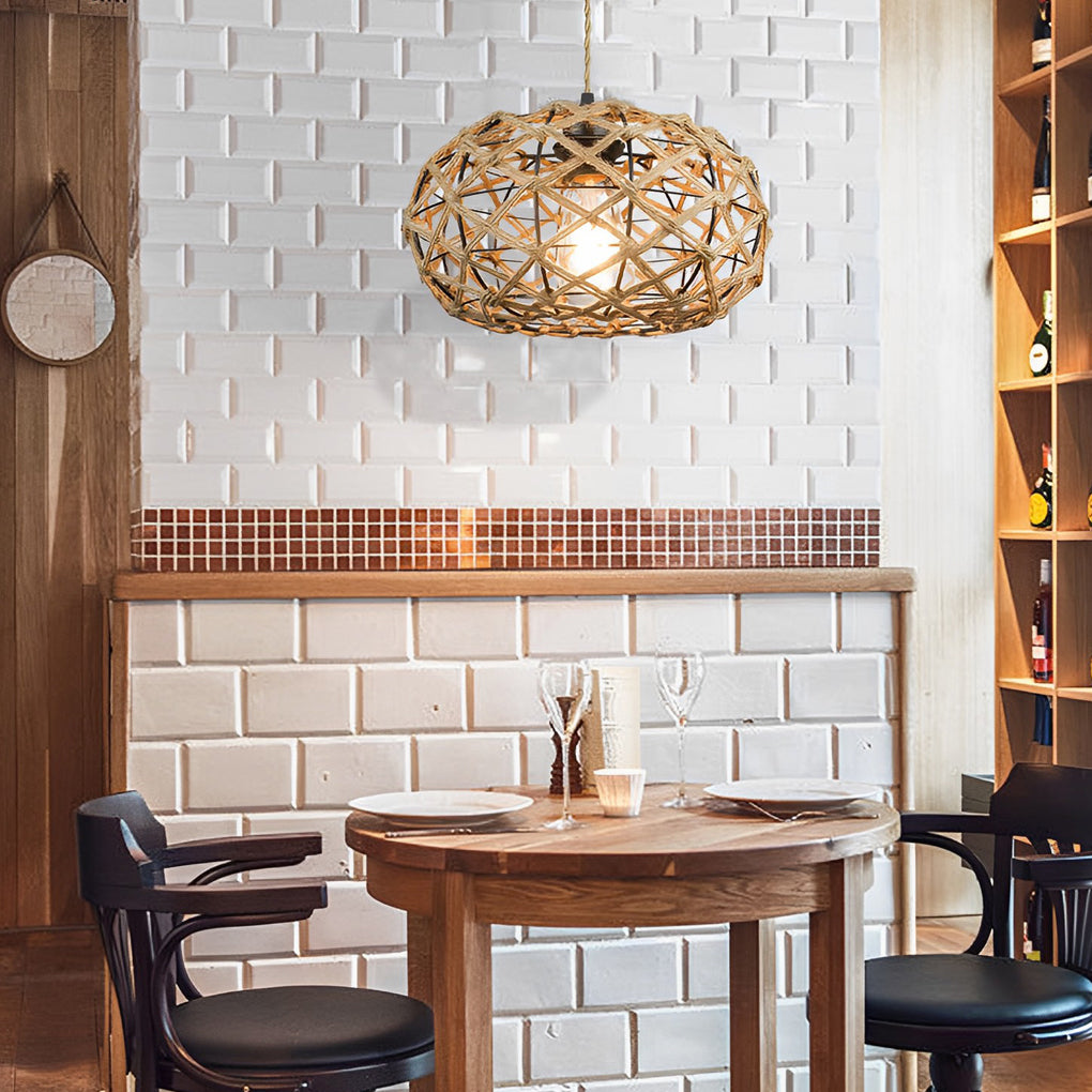Beige Hand Woven Rope Cage Pendant Light Retro Minimalist Semi Flush Mount Ceiling Fixture