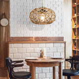 Beige Hand Woven Rope Cage Pendant Light Retro Minimalist Semi Flush Mount Ceiling Fixture