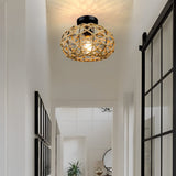 Beige Hand Woven Rope Cage Pendant Light Retro Minimalist Semi Flush Mount Ceiling Fixture