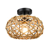 Beige Hand Woven Rope Cage Pendant Light Retro Minimalist Semi Flush Mount Ceiling Fixture