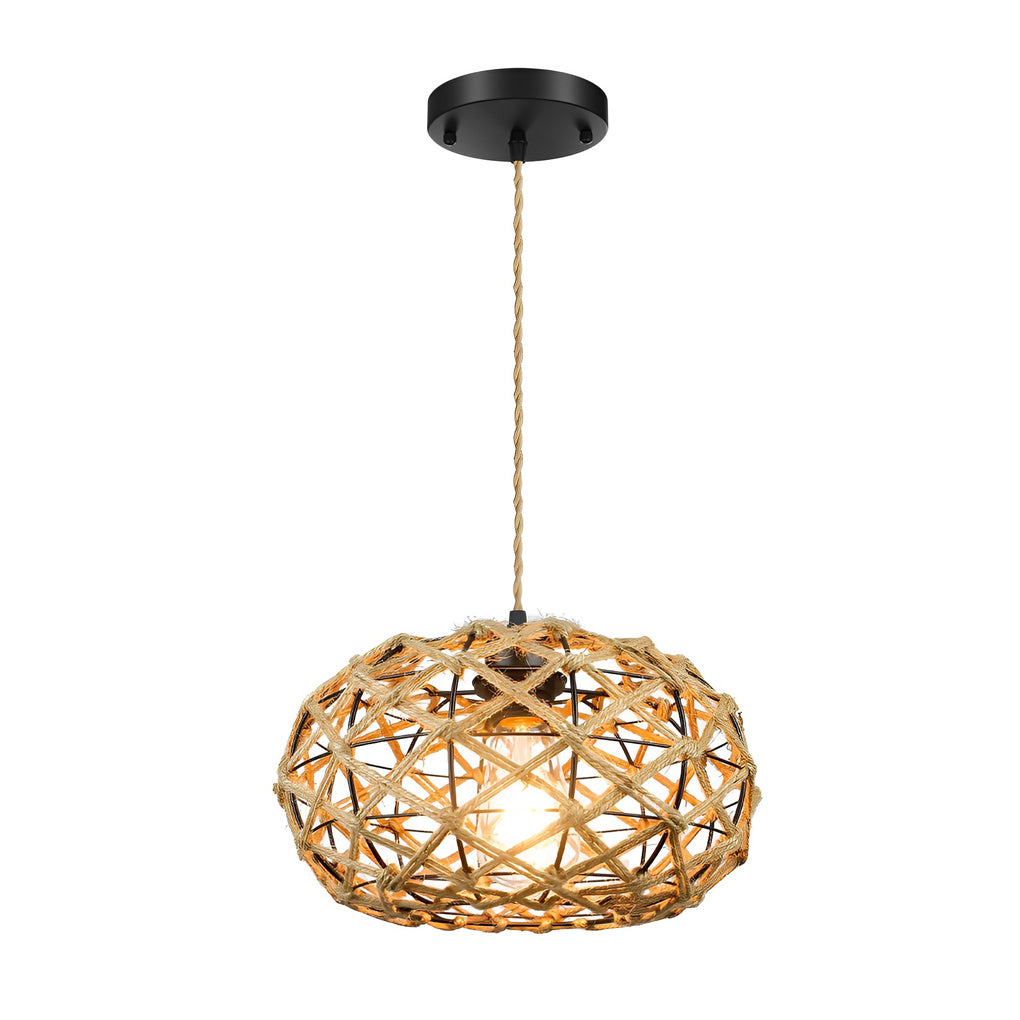 Beige Hand Woven Rope Cage Pendant Light Retro Minimalist Semi Flush Mount Ceiling Fixture