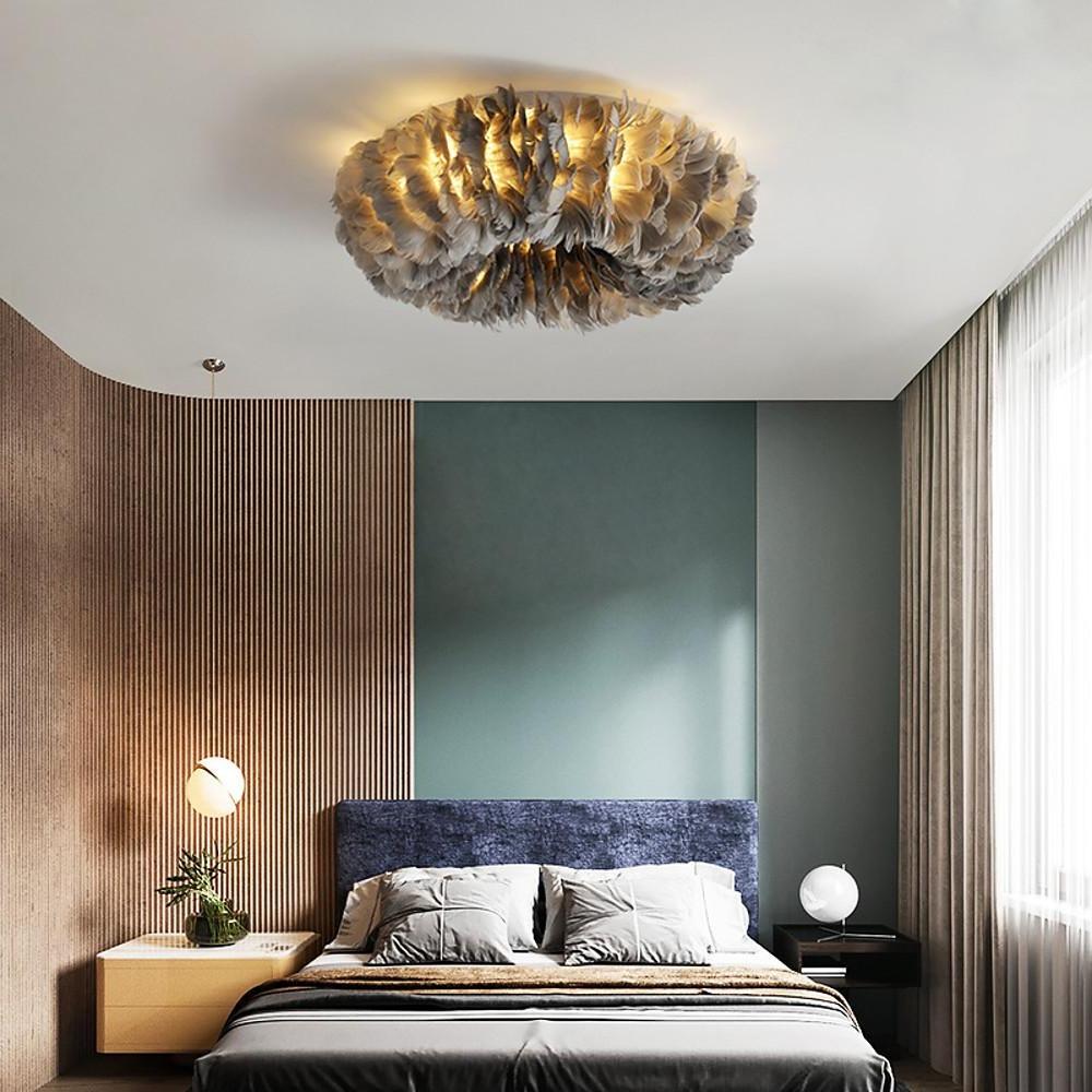 Modern Round Feather LED Flush Mount Ceiling Light for Bedroom and Nursery