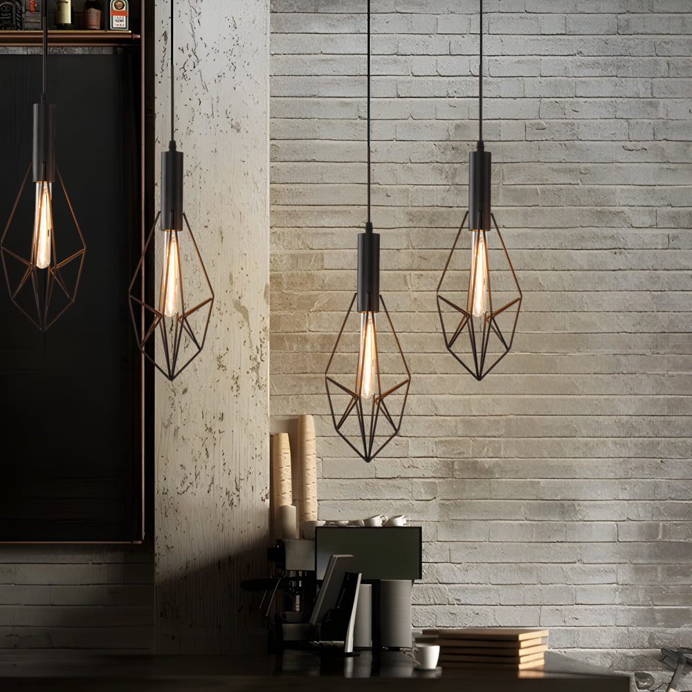 Black Geometric Iron Cage Pendant Light Industrial Retro Style Chandelier