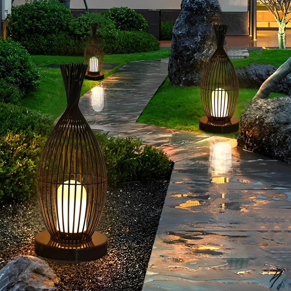 Black Metal Caged LED Outdoor Floor Lamp IP54 Waterproof Courtyard Path Light