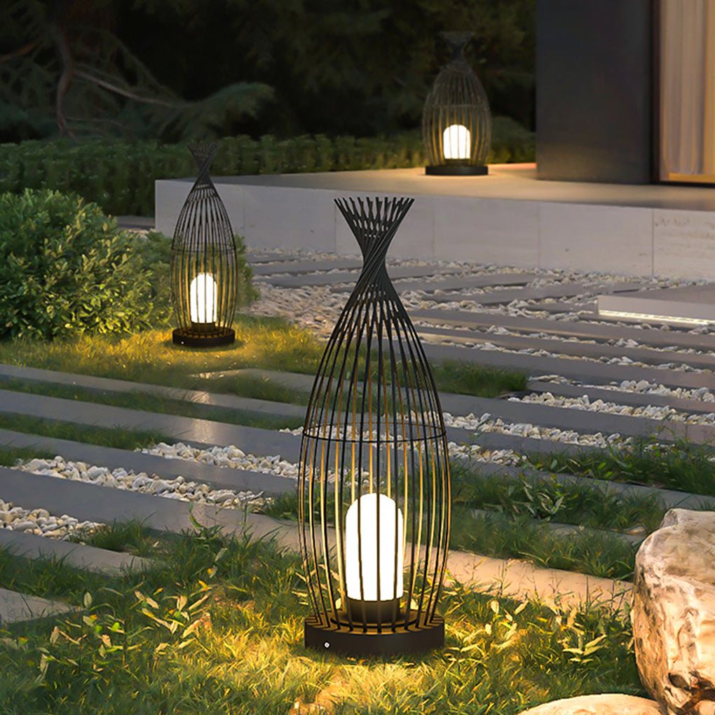 Black Metal Caged LED Outdoor Floor Lamp IP54 Waterproof Courtyard Path Light