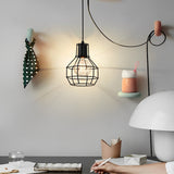Black Metal Lantern Cage Chandelier Retro Industrial Pendant Light with Push Button Switch and US Plug