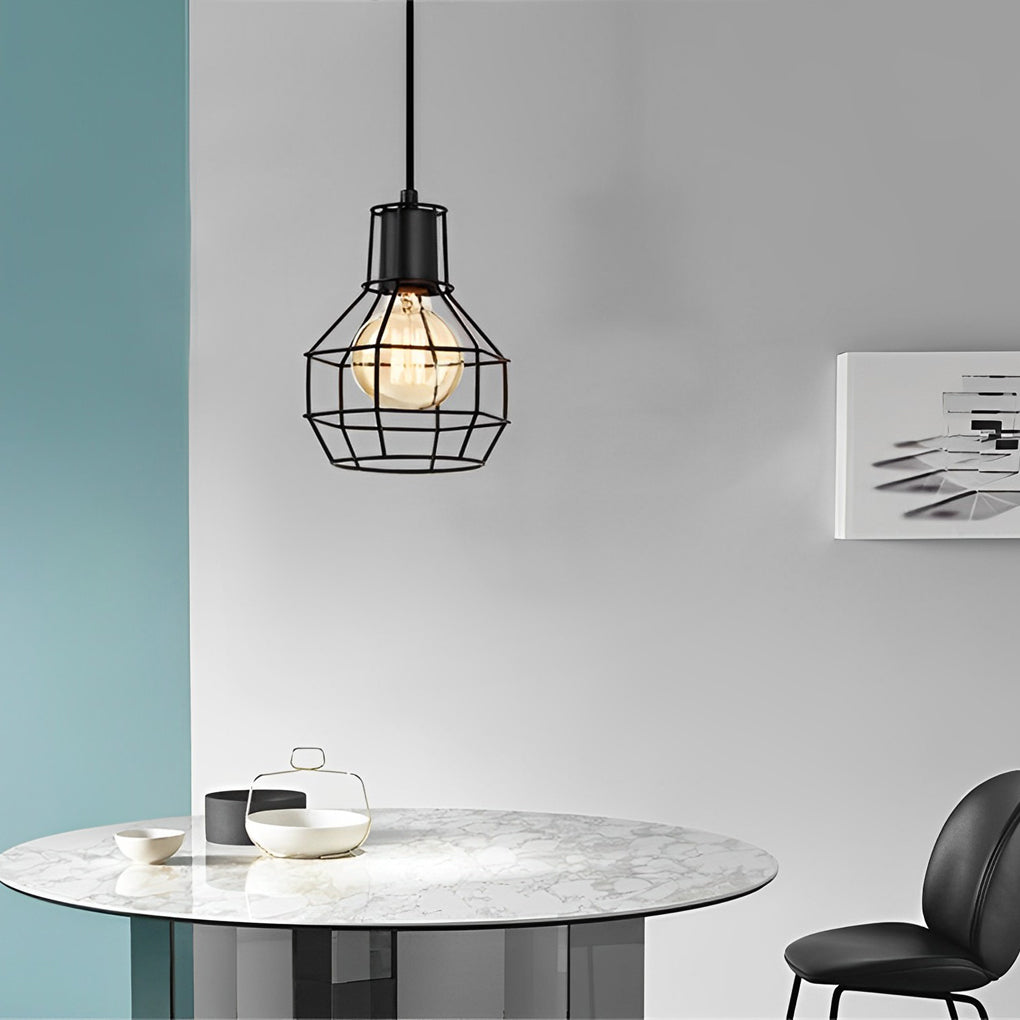 Black Metal Lantern Cage Chandelier Retro Industrial Pendant Light with Push Button Switch and US Plug