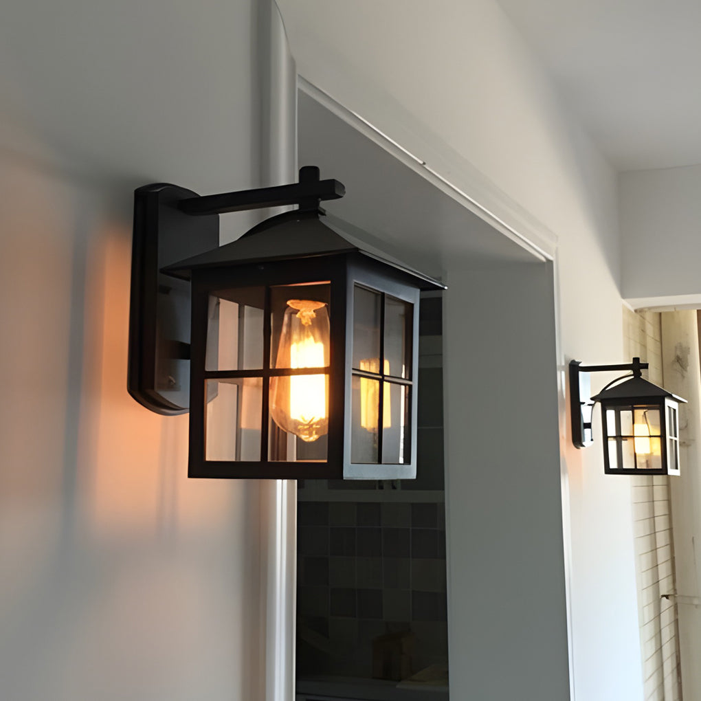 Black Outdoor Lantern Wall Sconce Waterproof Exterior Light with Glass Shade for Porch