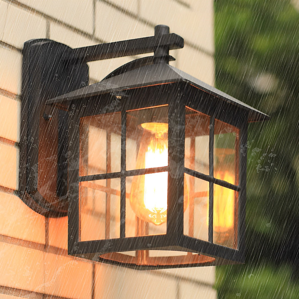 Black Outdoor Lantern Wall Sconce Waterproof Exterior Light with Glass Shade for Porch