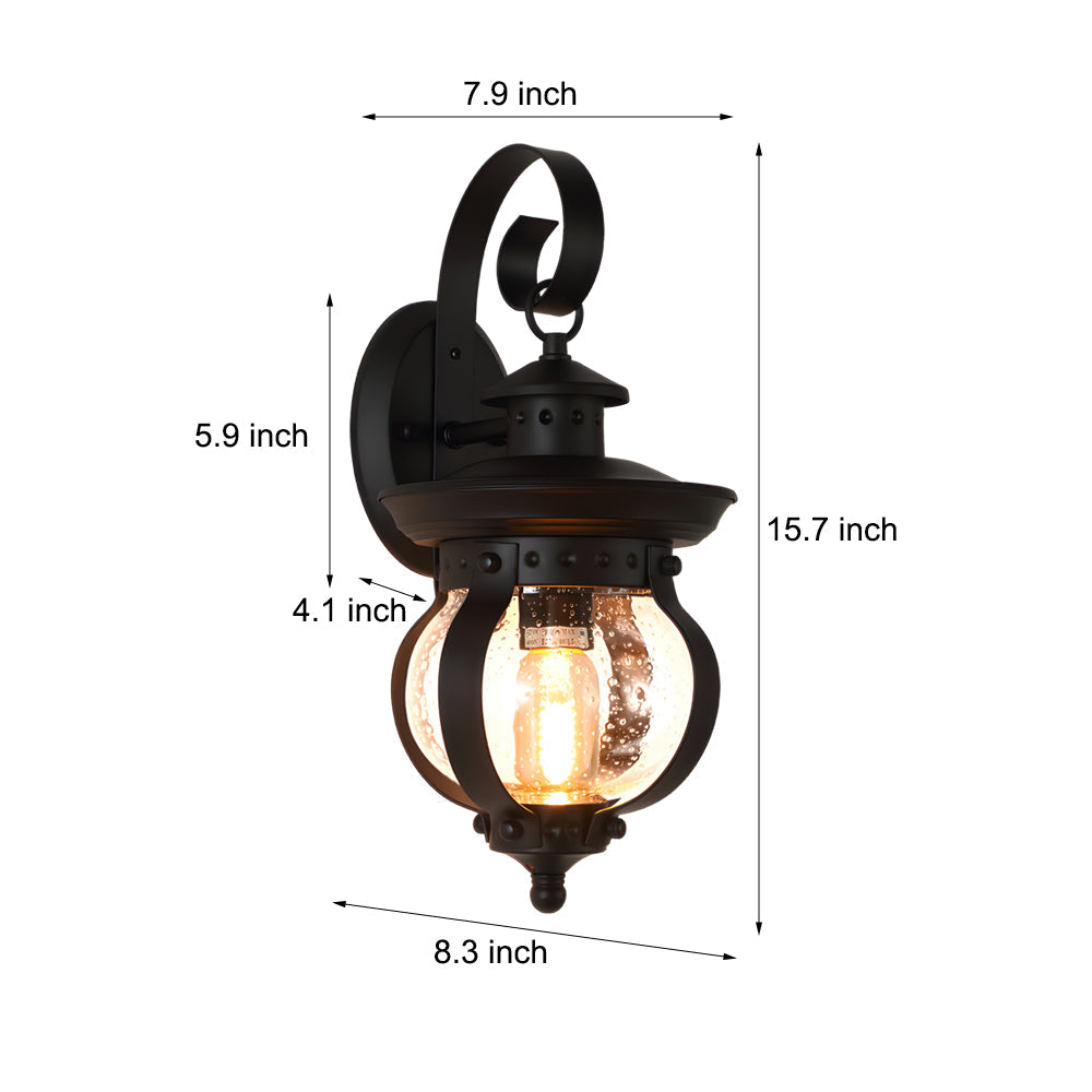 Black Outdoor Wall Lantern with Seeded Glass Globe and Curved Arm Design