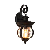 Black Outdoor Wall Lantern with Seeded Glass Globe and Curved Arm Design