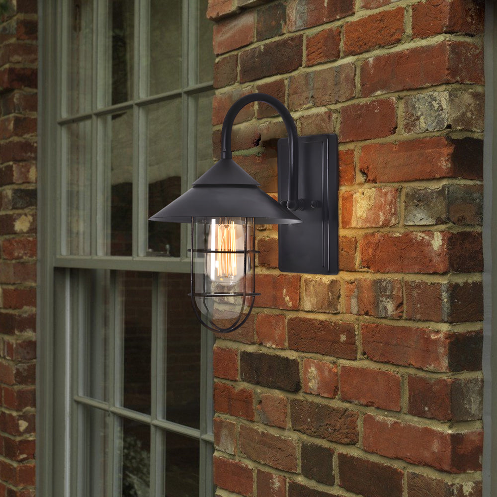 Black Round Iron and Glass Outdoor Wall Light Waterproof Motion Sensor Sconce for Garden and Porch