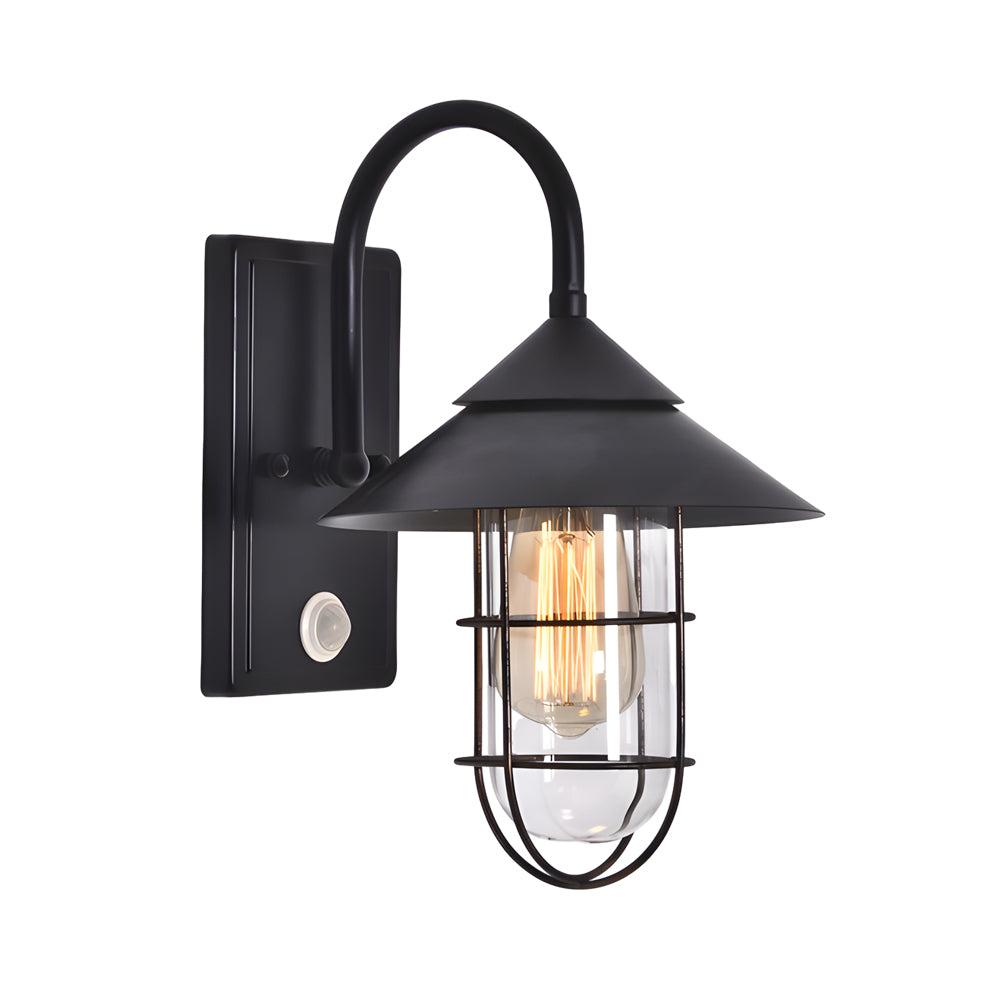 Black Round Iron and Glass Outdoor Wall Light Waterproof Motion Sensor Sconce for Garden and Porch