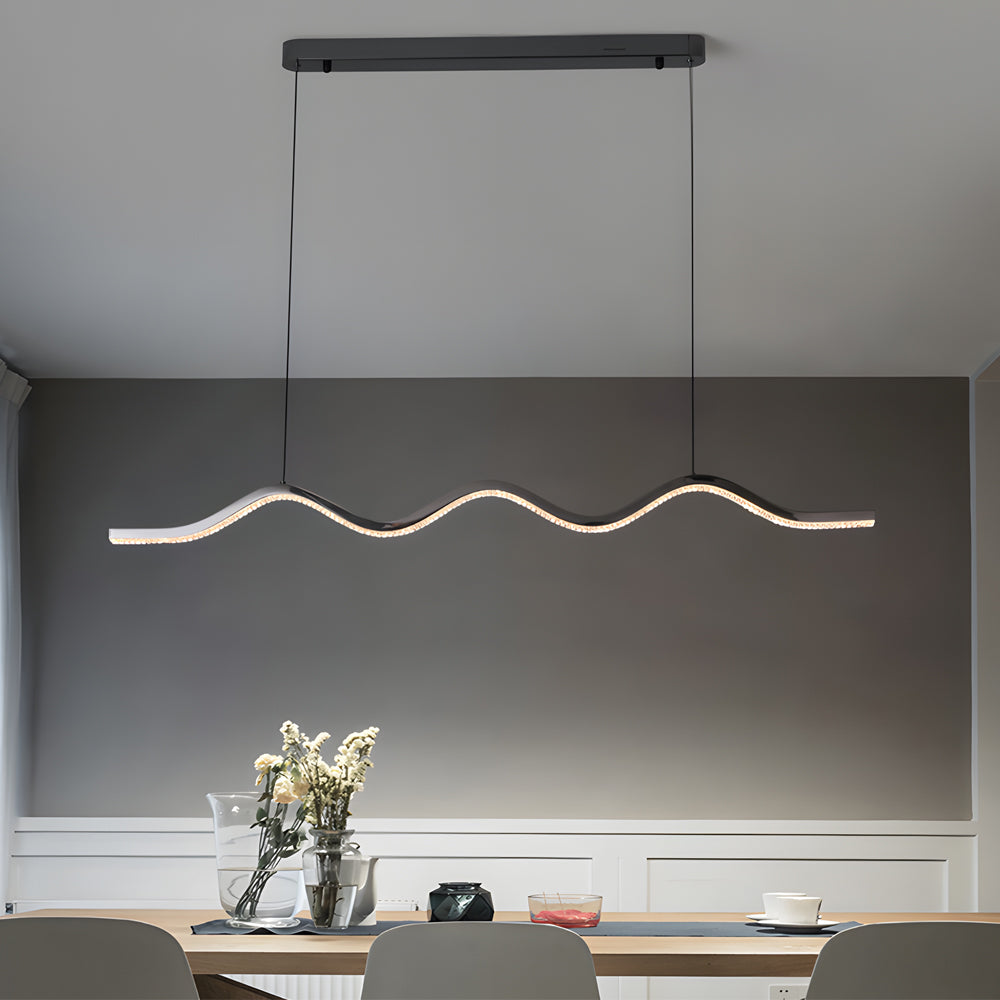 Black Wave Ribbon LED Linear Pendant Light Dimmable Kitchen Island Hanging Fixture Adjustable Height