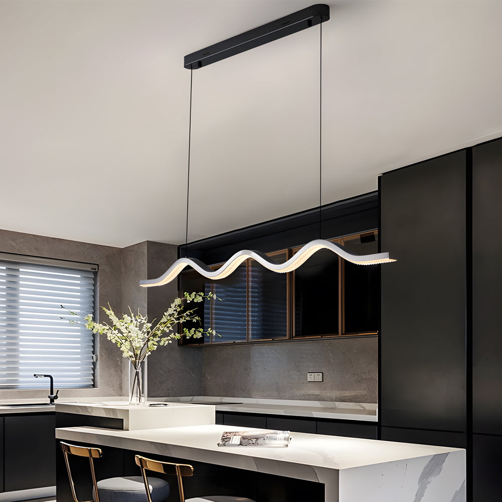 Black Wave Ribbon LED Linear Pendant Light Dimmable Kitchen Island Hanging Fixture Adjustable Height