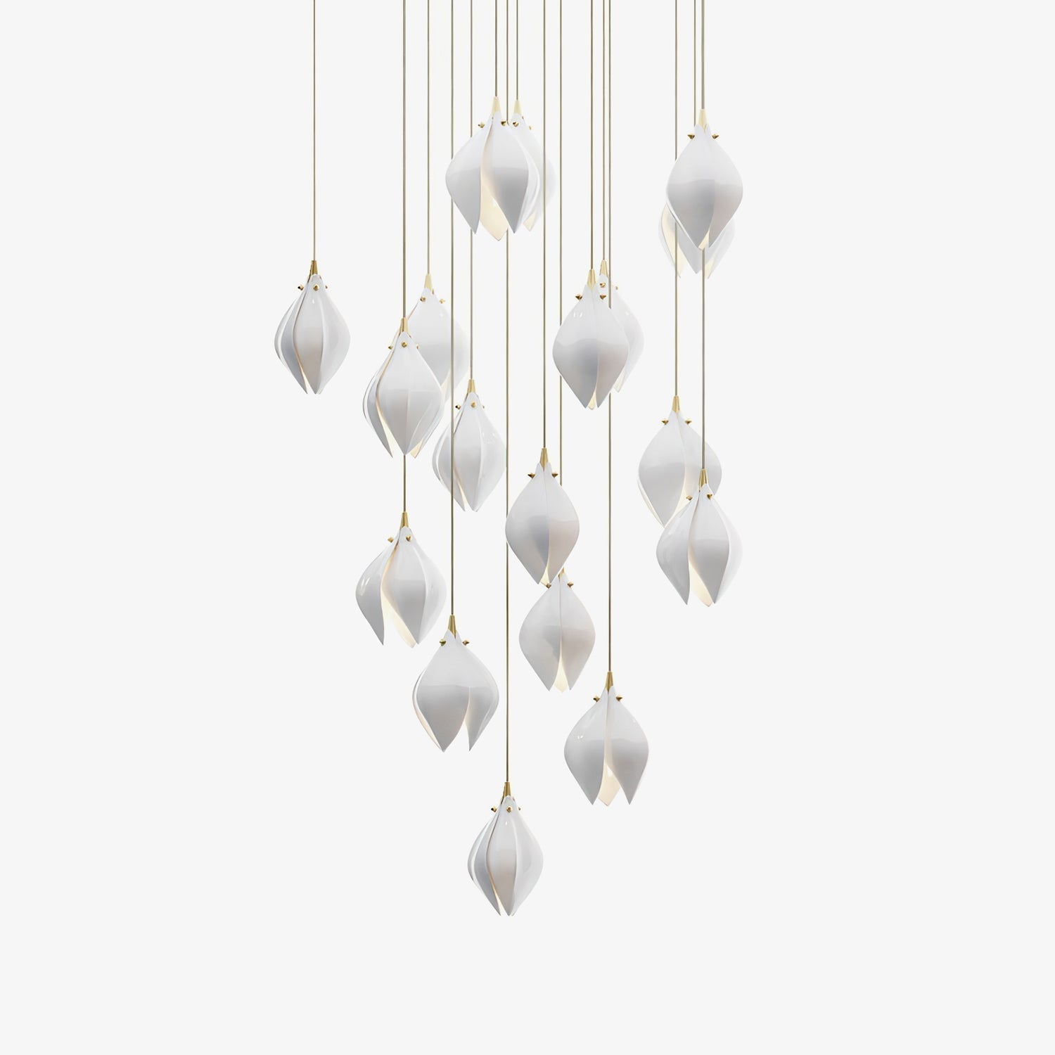 Bloom Ceramic Floral Pendant Light with White Porcelain Flower Buds and Brass Accents