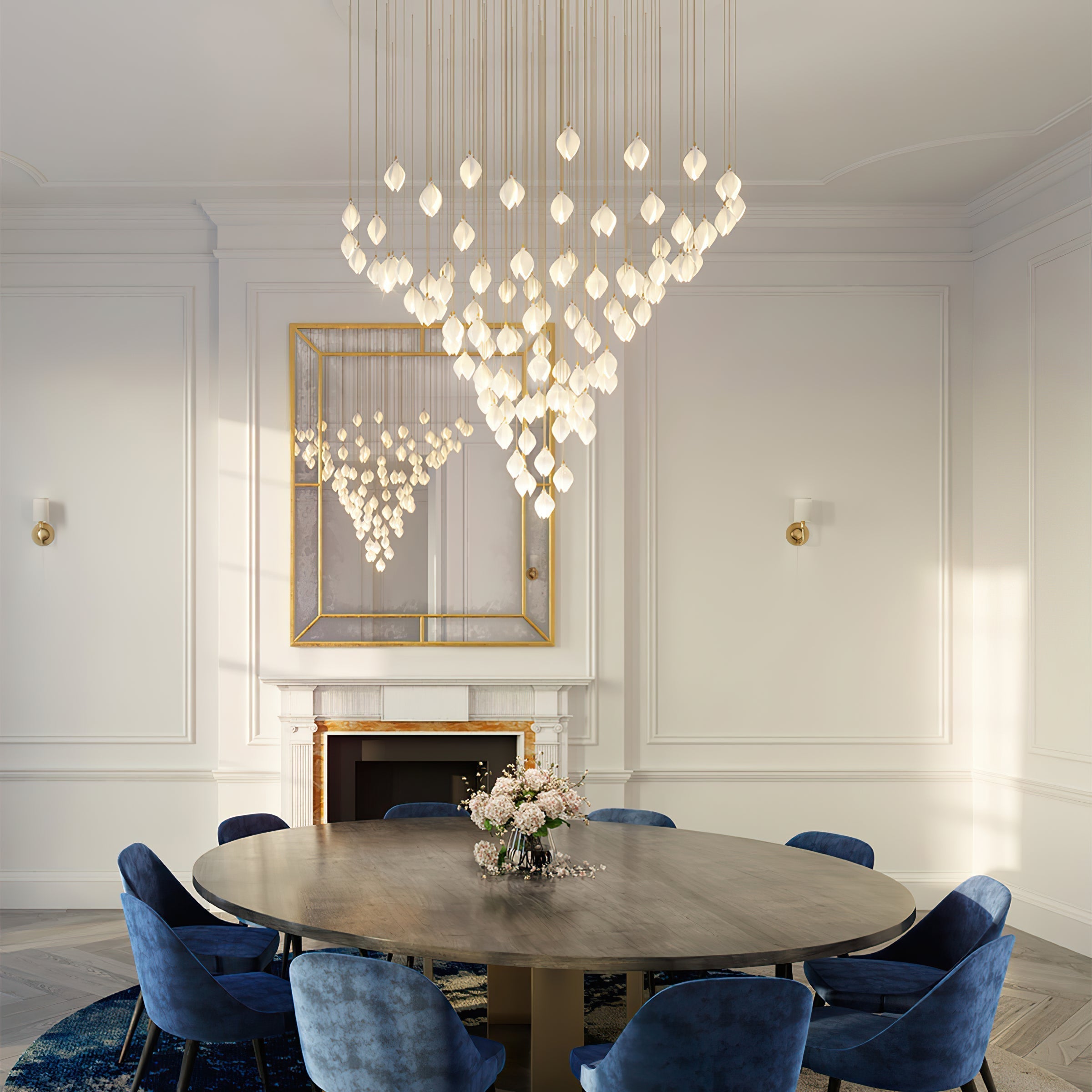Bloom Ceramic Floral Pendant Light with White Porcelain Flower Buds and Brass Accents