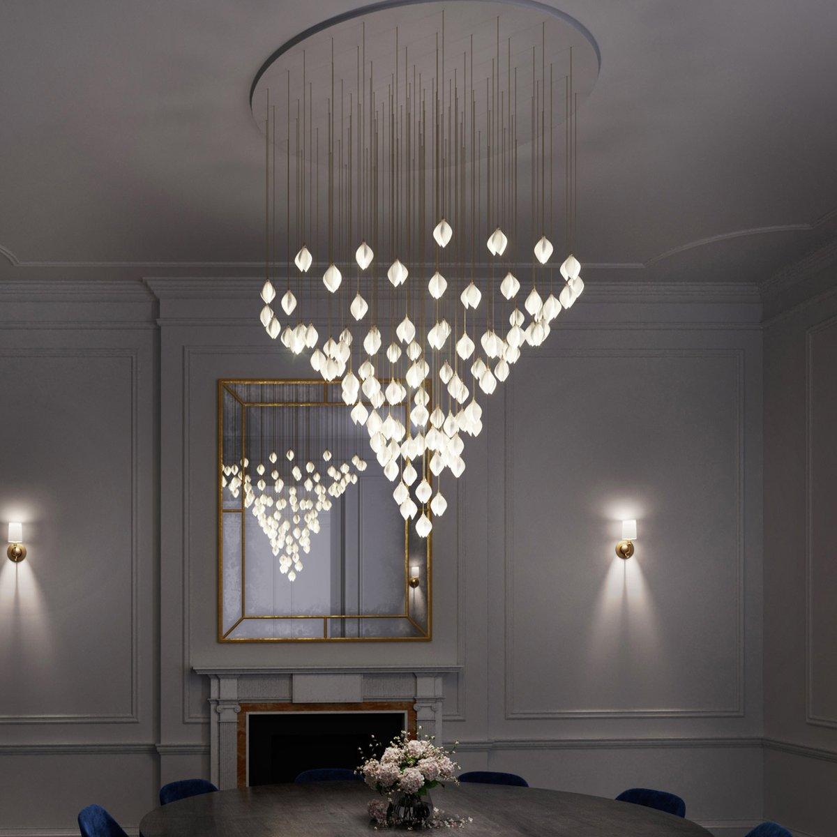 Bloom Ceramic Floral Pendant Light with White Porcelain Flower Buds and Brass Accents