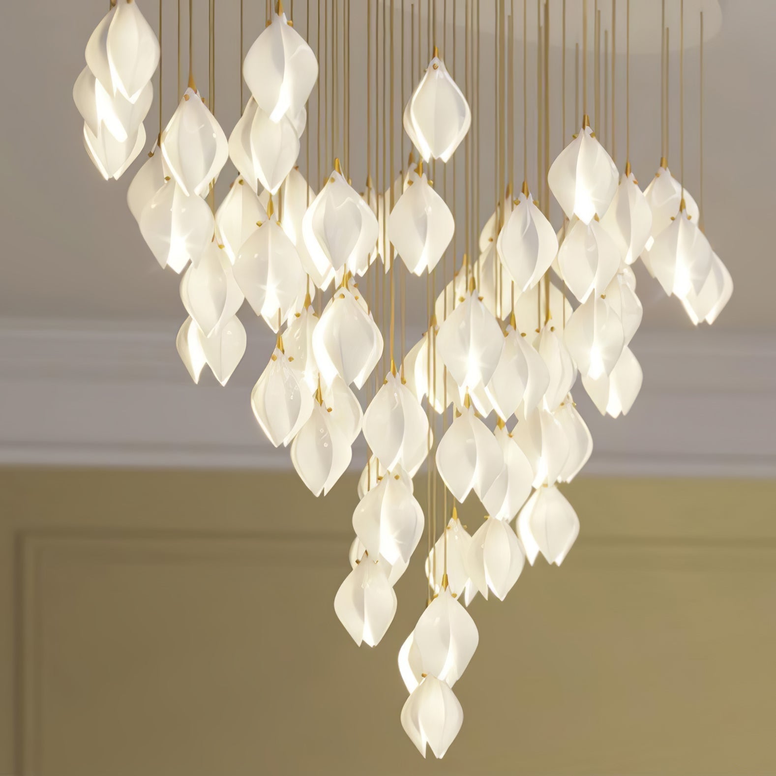 Bloom Ceramic Floral Pendant Light with White Porcelain Flower Buds and Brass Accents