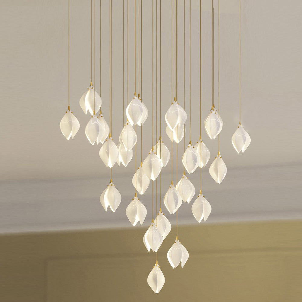 Bloom Ceramic Floral Pendant Light with White Porcelain Flower Buds and Brass Accents