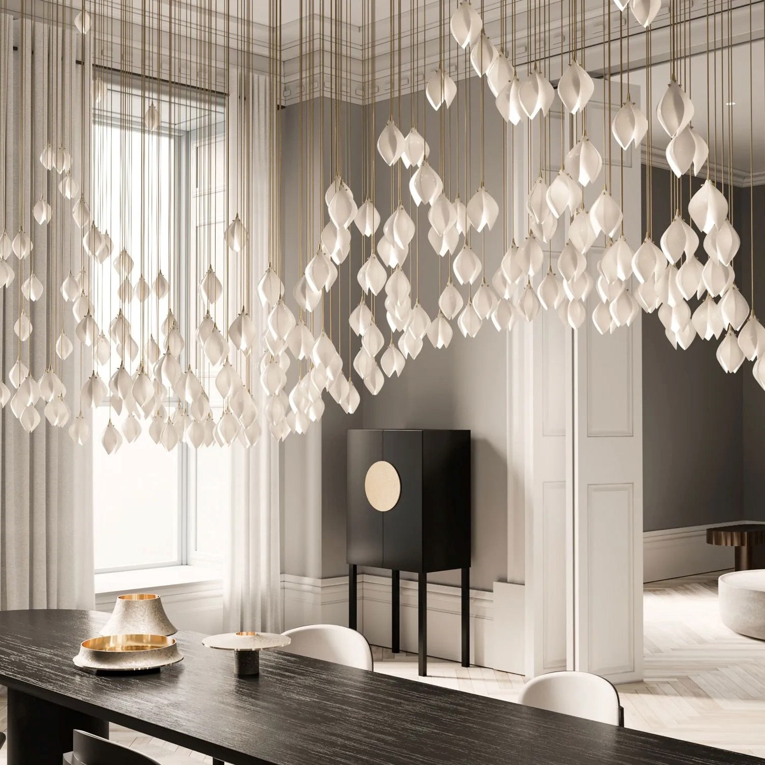 Bloom Ceramic Floral Pendant Light with White Porcelain Flower Buds and Brass Accents