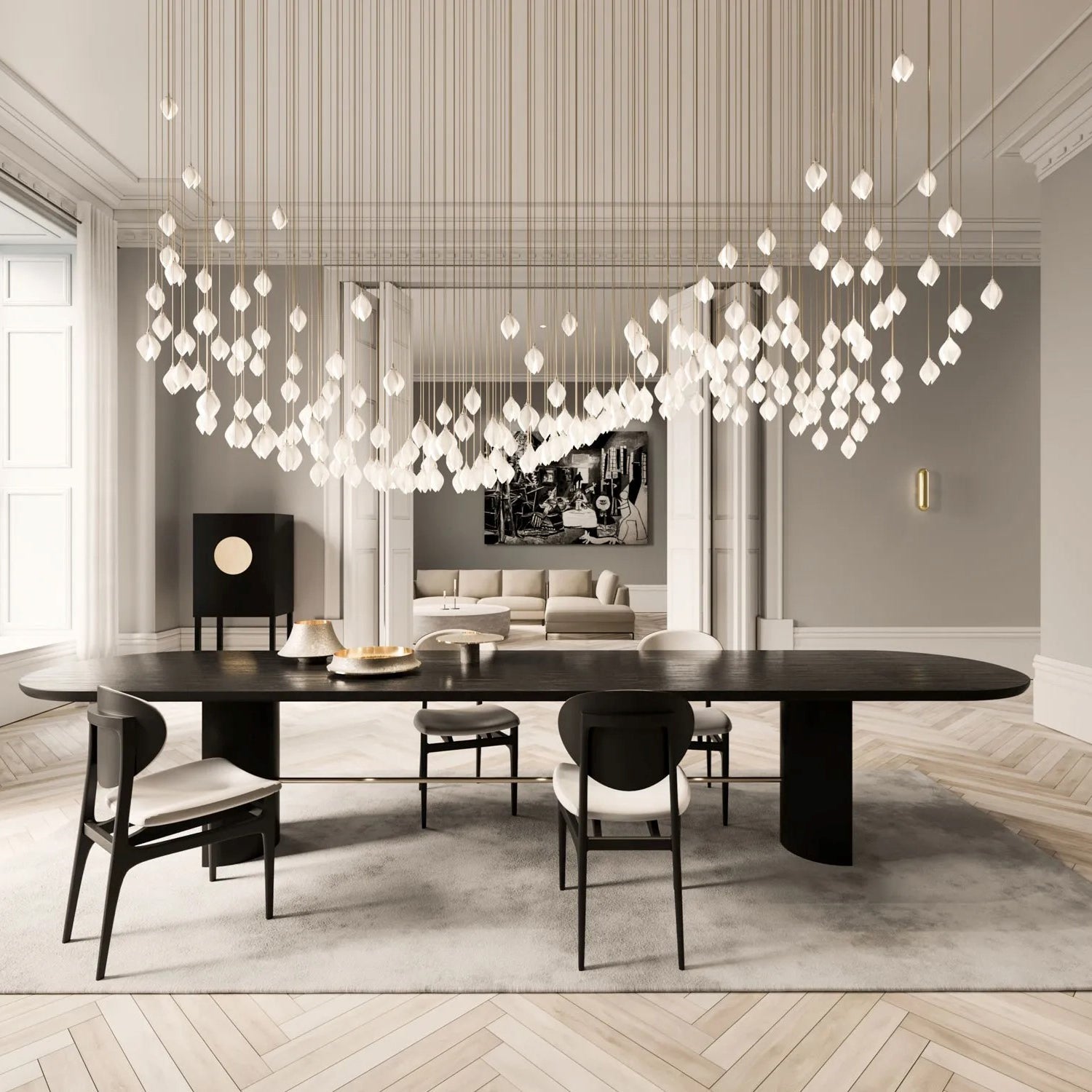 Bloom Ceramic Floral Pendant Light with White Porcelain Flower Buds and Brass Accents