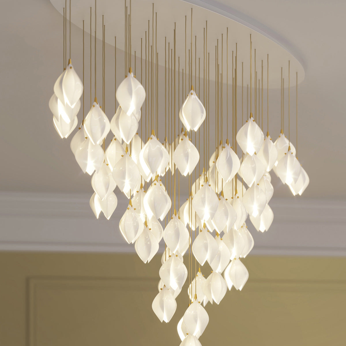 Bloom Ceramic Floral Pendant Light with White Porcelain Flower Buds and Brass Accents