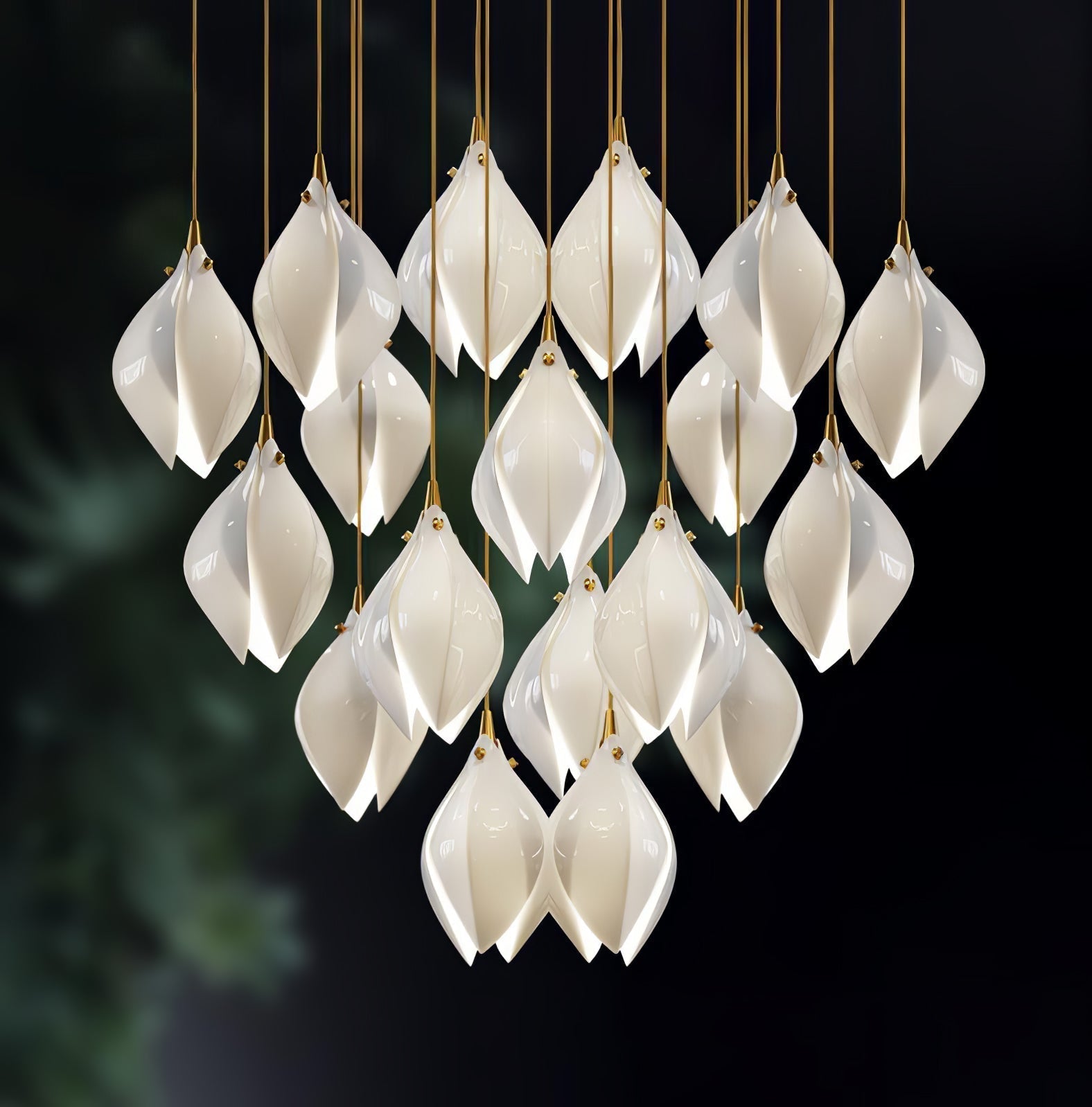 Bloom Ceramic Floral Pendant Light with White Porcelain Flower Buds and Brass Accents