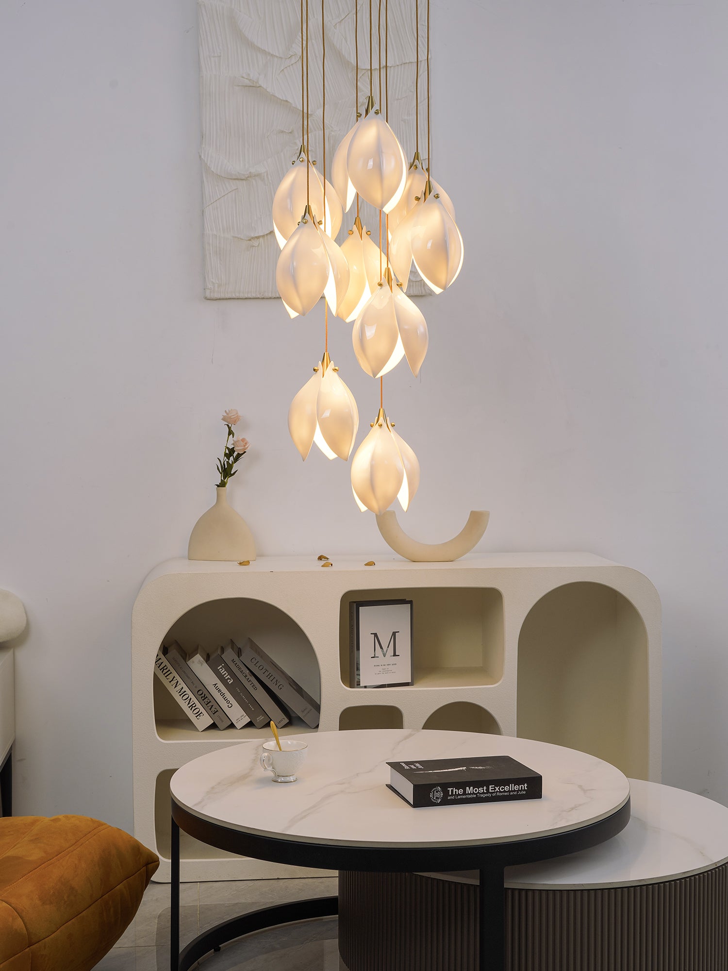 Bloom Ceramic Floral Pendant Light with White Porcelain Flower Buds and Brass Accents