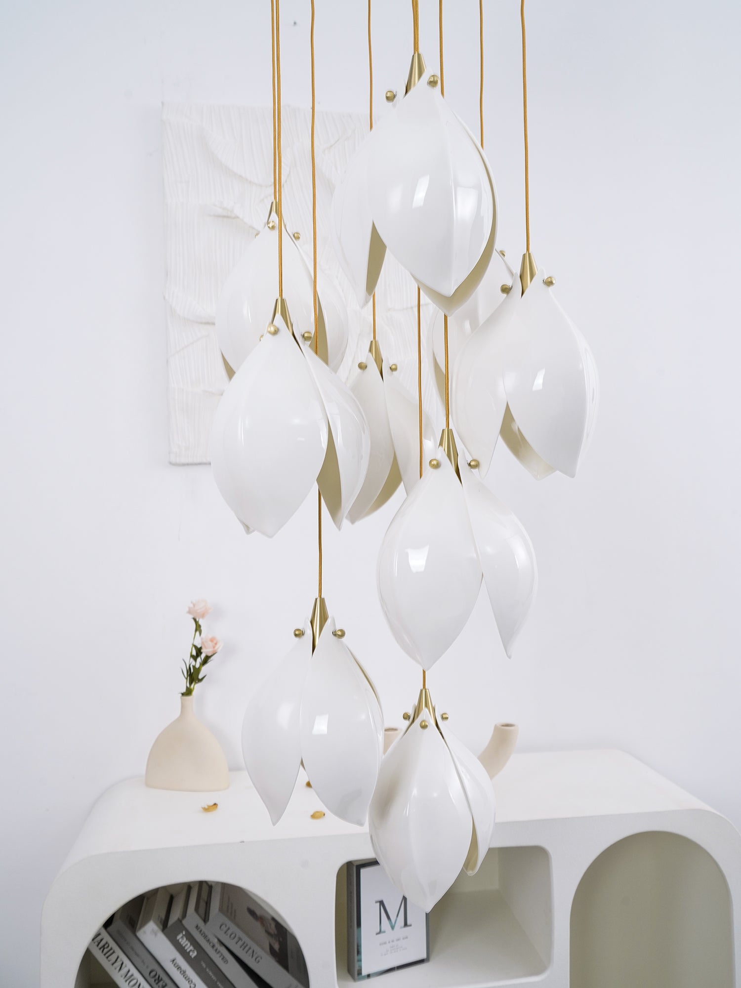 Bloom Ceramic Floral Pendant Light with White Porcelain Flower Buds and Brass Accents
