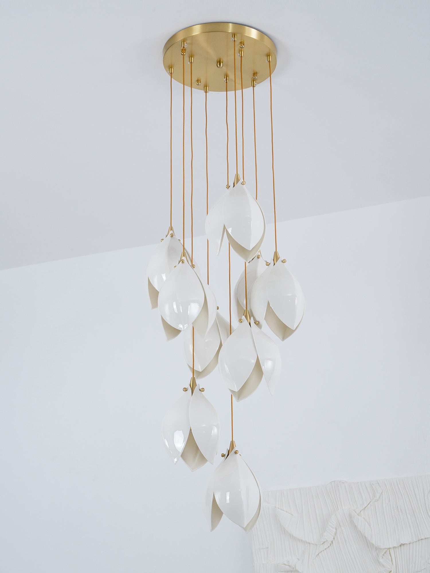 Bloom Ceramic Floral Pendant Light with White Porcelain Flower Buds and Brass Accents