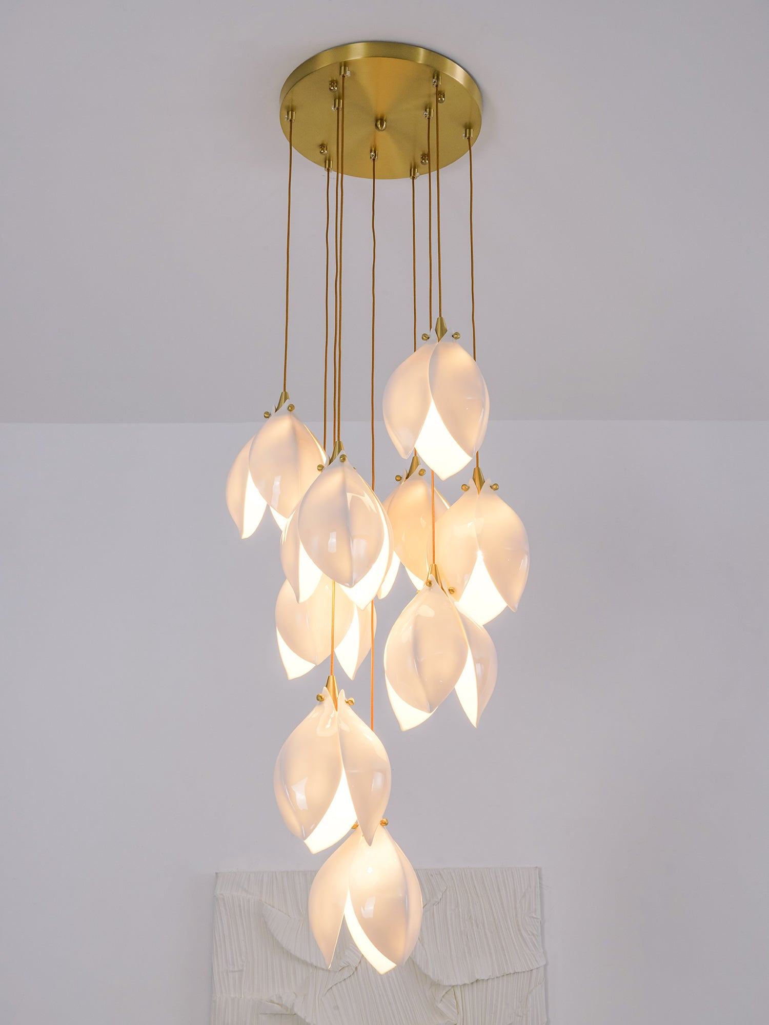 Bloom Ceramic Floral Pendant Light with White Porcelain Flower Buds and Brass Accents