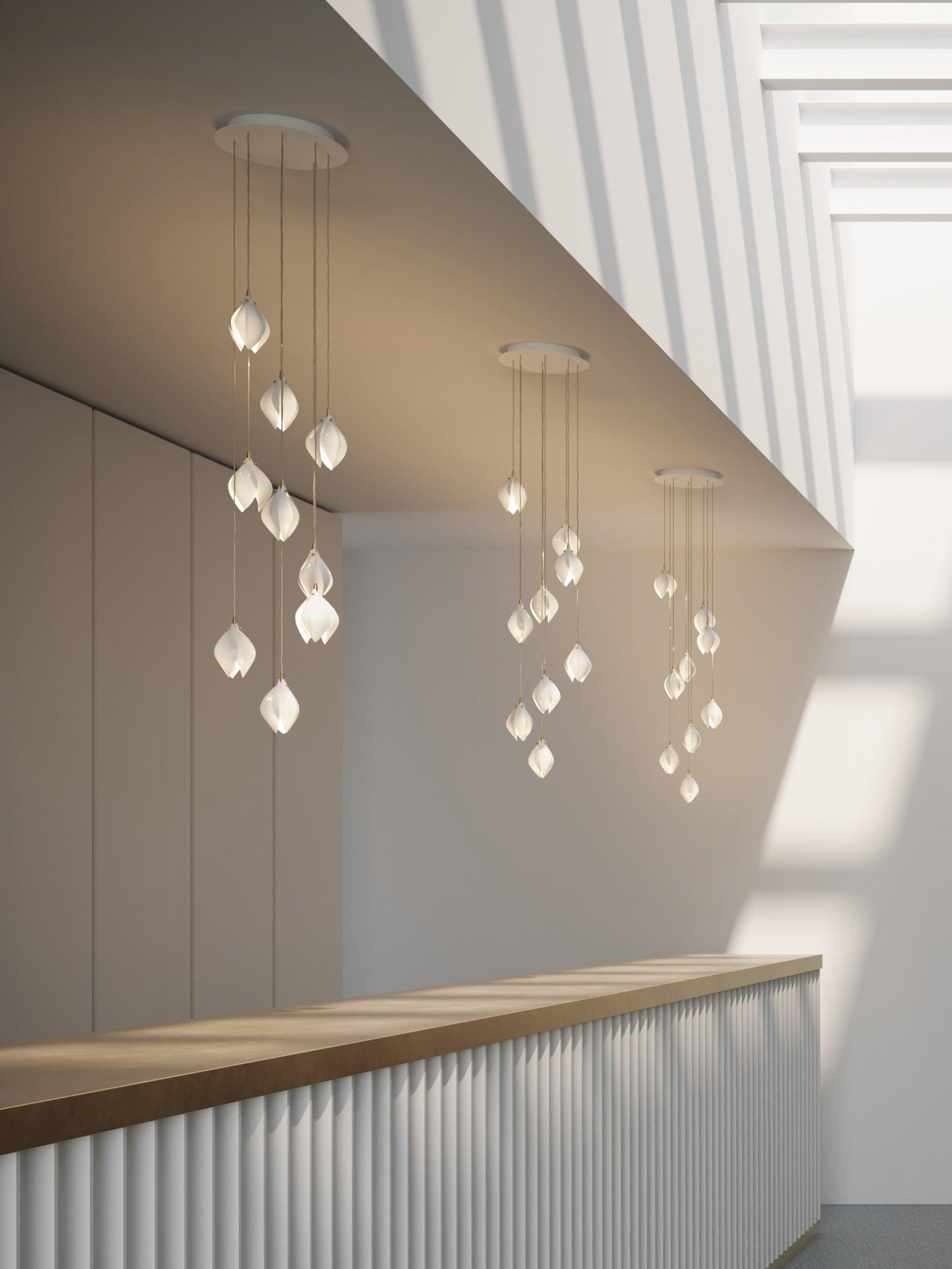 Bloom Ceramic Floral Pendant Light with White Porcelain Flower Buds and Brass Accents