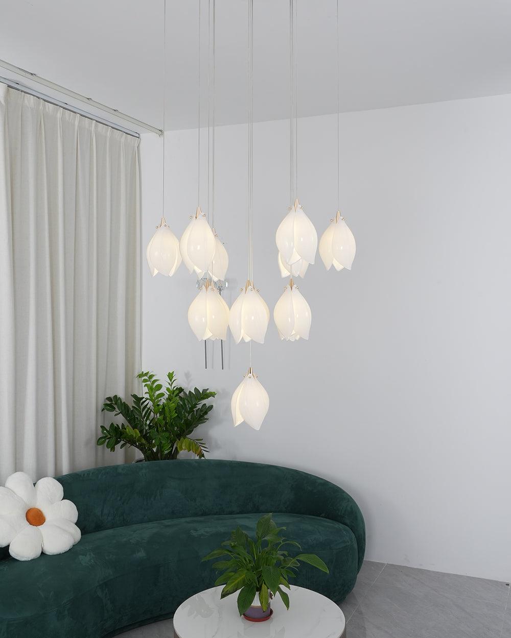 Bloom Ceramic Floral Pendant Light with White Porcelain Flower Buds and Brass Accents