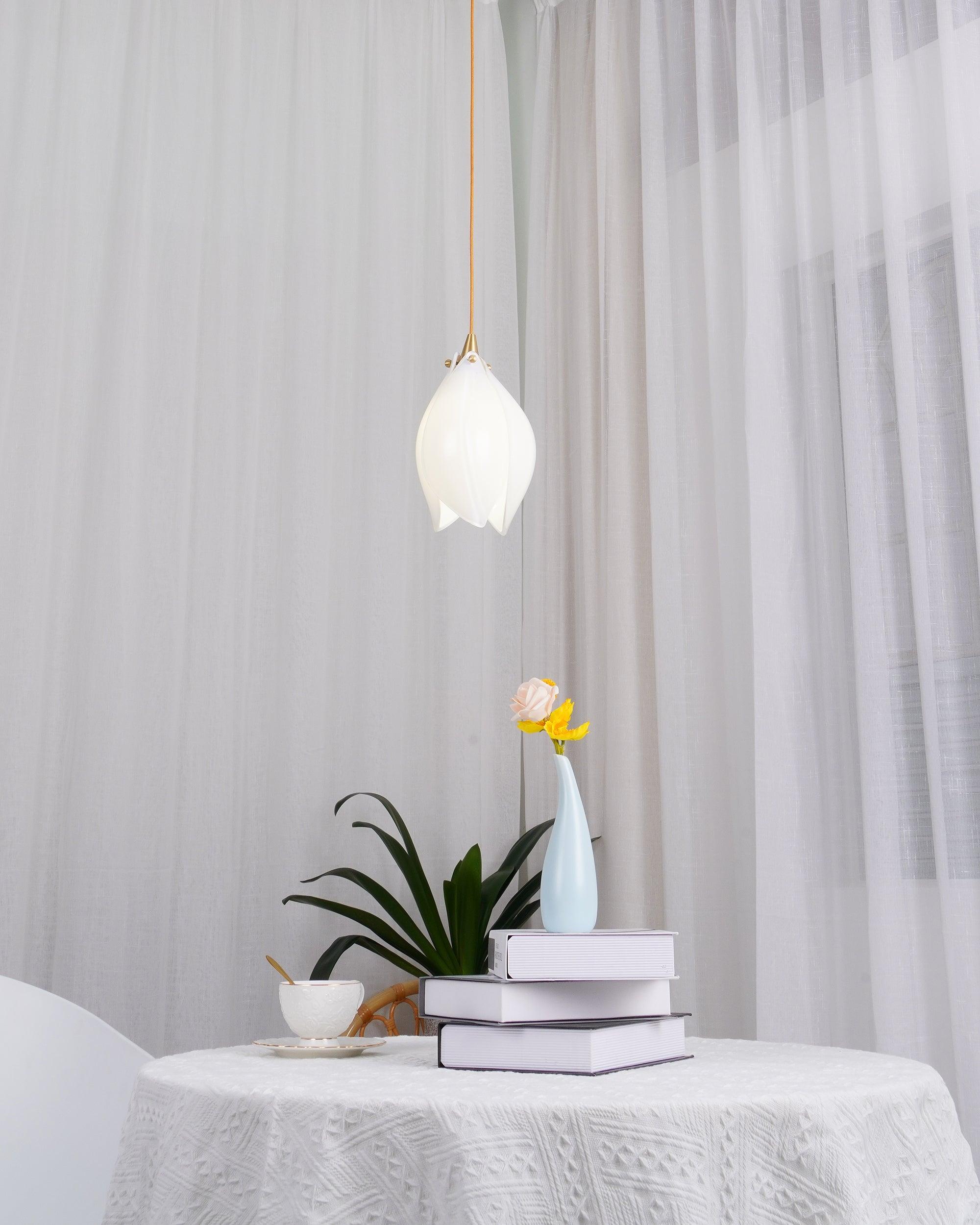Bloom Ceramic Floral Pendant Light with White Porcelain Flower Buds and Brass Accents
