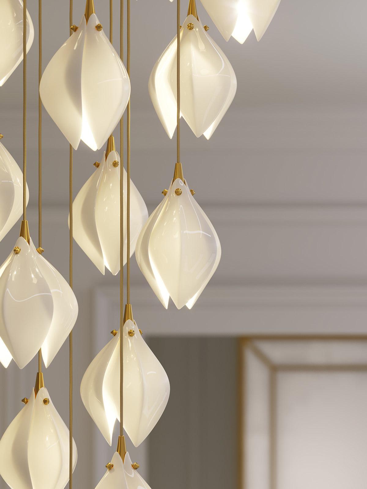 Bloom Ceramic Floral Pendant Light with White Porcelain Flower Buds and Brass Accents