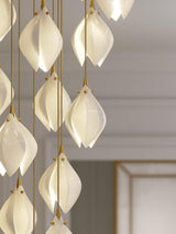 Bloom Ceramic Floral Pendant Light with White Porcelain Flower Buds and Brass Accents