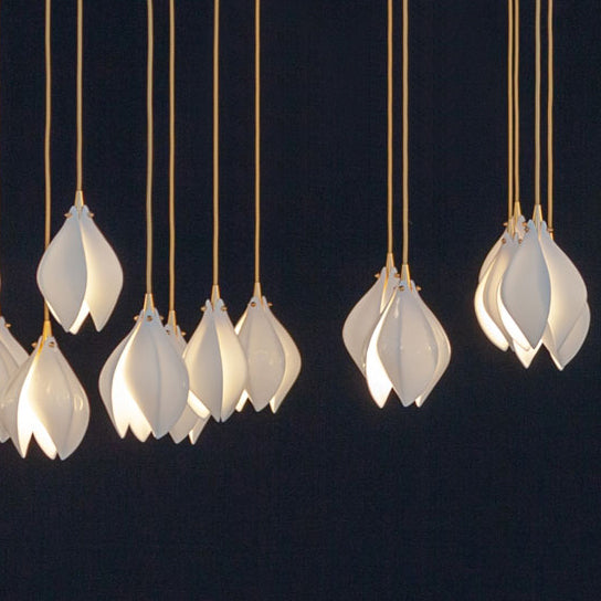 Bloom Ceramic Floral Pendant Light with White Porcelain Flower Buds and Brass Accents