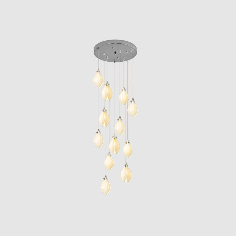 Bloom Ceramic Floral Pendant Light with White Porcelain Flower Buds and Brass Accents