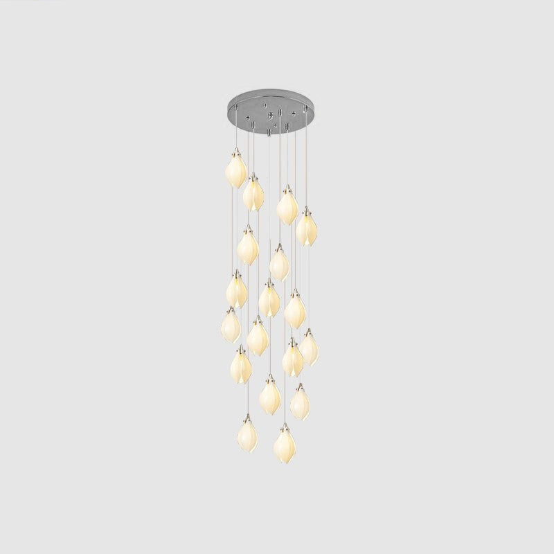 Bloom Ceramic Floral Pendant Light with White Porcelain Flower Buds and Brass Accents