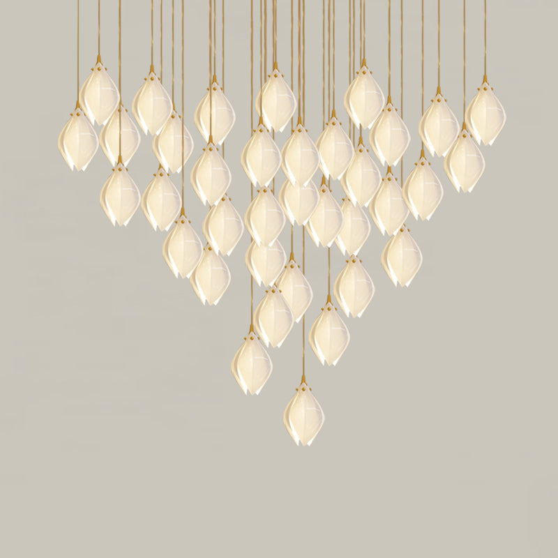 Bloom Ceramic Floral Pendant Light with White Porcelain Flower Buds and Brass Accents