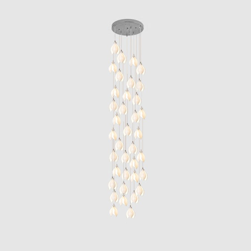 Bloom Ceramic Floral Pendant Light with White Porcelain Flower Buds and Brass Accents