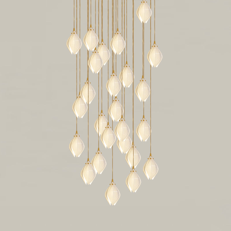 Bloom Ceramic Floral Pendant Light with White Porcelain Flower Buds and Brass Accents
