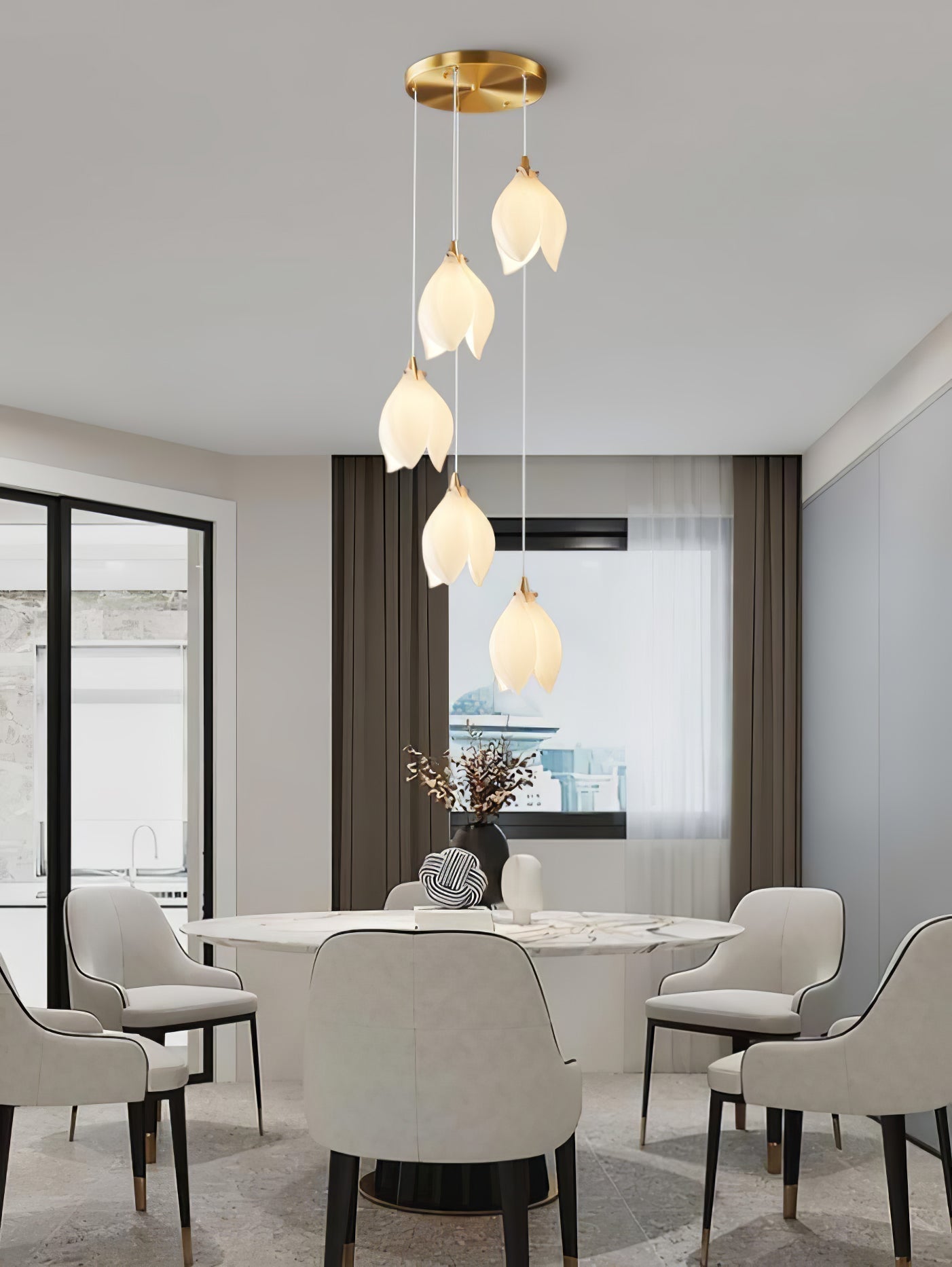 Bloom Ceramic Floral Pendant Light with White Porcelain Flower Buds and Brass Accents