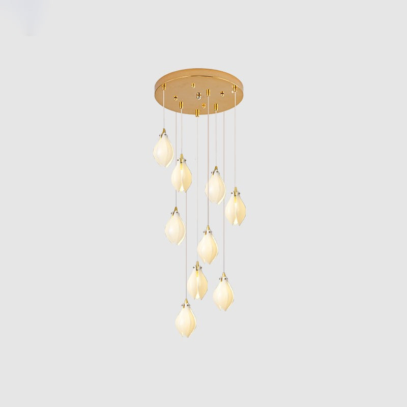 Bloom Ceramic Floral Pendant Light with White Porcelain Flower Buds and Brass Accents